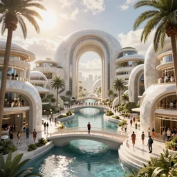 futuristic utopian paradise, canals, bridges, white marble buildings, tropical, palm trees, crowds of people, by leon tukker, zaha hadid, photography, cinematic lighting, octane render, artstation