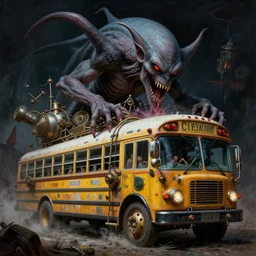 cthulhu devouring a steampunk school bus. highly detailed science fiction painting by norman rockwell, frank frazetta, and syd mead. rich colors, high contrast, gloomy atmosphere, dark background. trending on artstation
