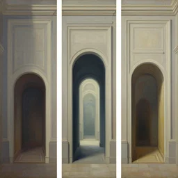 centralized triptych style painting showing walls with portals to another world, sharp focus, digital, sectioned in thirds, architecture, detailed, elegant artist greg rutkowski