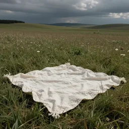 “white-linen picnic blanket in a grassy prairie scene, muted colours, depth”