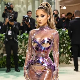 sexy Ariana Grande wearing  very tight Translucent metallic mirror chrome purple and gold latex  crazy outfit Met Gala photoshoot