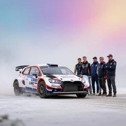 sport rally car by sebastian luca and pablo carpio and edgaras cernikas and wang ke and damon greenhalgh, in wide view shot. blank background with some dreamy color lights.