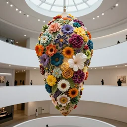 photorealistic photo of an enormous cocoon hanging in the guggenheim museum atrium covered with colorful flowers and biomorphic forms, dynamic lighting, concept art