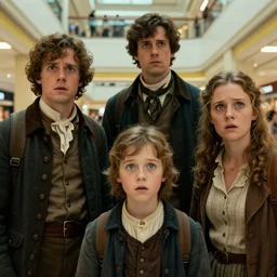 sharp, highly detailed, film from a 2 0 1 9 sci fi 8 k movie, a family of four humans from 1 8 6 0 travel in time to 2 0 1 9, suddenly appearing in a shopping mall, looking confused, family wearing 1 8 6 0 s clothes, atmospheric lighting, in focus, reflective eyes, 3 5 mm macro lens, live action, nice composition