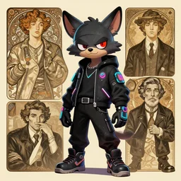 anthropomorphic coyote character wearing black cyberpunk skater clothes with neon highlights. Renowned character illustration by greg rutkowski, thomas kindkade, alphonse mucha, loish, norman rockwell. Trending on artstation 4k. highly detailed.