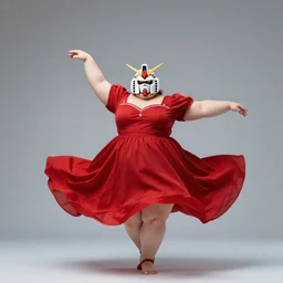 photo europian beautiful fat gundam with symmetrical beautiful face dressed in a red dress dancing, anatomically correct, full shot, kodak