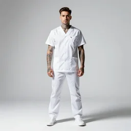 tattooed dentist with tools, studio photography, full body, standing, isolated on a pure white background, centered, whole figure in frame, sharp focus, studio lighting