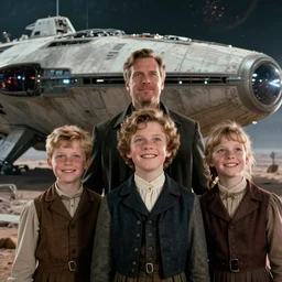 extra sharp, detailed, from a blockbuster sci fi 8 k color movie frame, set in 1 8 6 0, family standing in front of a crashed spaceship, on alien planet, looking happy, wearing 1 8 5 0 s era clothes, atmospheric lighting, in focus, reflective eyes, 3 5 mm macro lens, live action, nice composition, good photography, clear facial details