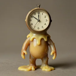 An old photo of a creature with a head that looks like an analog clock and a body made of melting wax
