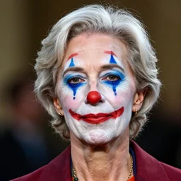 Christine Lagarde with colorful clown makeup all over her face