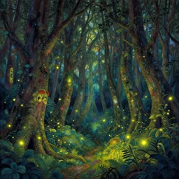 forest , overdetailed art, by greg rutkowski, by Alfons Mucha, complementing colors, magic, colorful lights, fireflies, detailed illustration