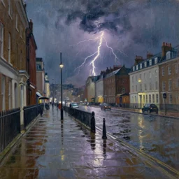 a beautiful painting of rainy victorian london by jan bogaerts and asher brown durand, brushstrokes, brushstroke - laden, featured on artstation, thunderstorm and bolts of lightning, wet concrete, puddles of water, dramatic composition