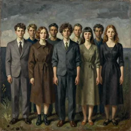 a painting of a group of people standing in a line, a surrealist painting by george tooker, reddit, cynical realism, dystopian art, surrealist, academic art
