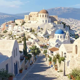 a street view of a greek city, artgerm, anime style, pixar and disney style, high quality, highly detailed, high coherence, path traced, beautiful, elegant, geometrically correct, realistic, digital painting, masterpiece, digital art, concept art, unreal engine 5, daytime