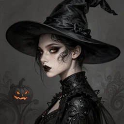 halloween witch woman in a hat, fantasy magic, undercut hairstyle, intricate, elegant, sharp focus, illustration, highly detailed, digital painting, concept art, matte, art by wlop and artgerm and greg rutkowski and alphonse mucha, masterpiece