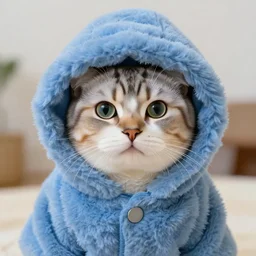 a cat wearing a blue fluffy snow jacket with the hood pulled up, artistic portrait