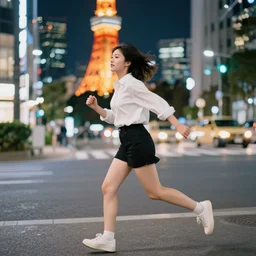 photography portrait of a drunk girl running in tokyo at night in the style of daido moriyama, street photography, 8 0 mm lens, grainy wb image