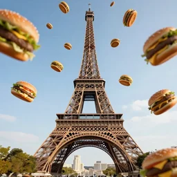 a high resolution photo of eiffel tower with hamburgers raining from sky, trending, fantasy