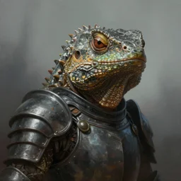 portrait of an angry reptile in the armor, beautiful face, hyper realistic, highly detailed, digital painting, artstation, illustration, concept art by hyung tae and frank frazetta, digital paint, matte paint, washed colors, dark, gloomy, foggy