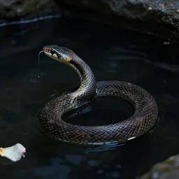 a triangle - headed water snake is swimming in the black pool, occasionally coming up for a gulp of air, leaving a white rose petal floating on the surface ross tran greg rutkowski alphonse mucha artgerm atmospheric lighting unreal render octane render beautiful