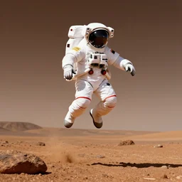 astronaut jumping high on mars, rocky background by moebius