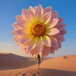 closeup giant dahlia flower as a head, a girl walking between dunes, surreal photography, sunrise, blue sky, dramatic light, impressionist painting, digital painting, artstation, simon stalenhag