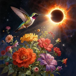 a fantastic realist comic book style painting of flowers launched into the cosmos, the enchanted circling of an enchanted hummingbird, solar eclipse, 8 k, ultra realistic, lens flare, atmosphere, glow, detailed, intricate, full of colour, cinematic lighting, 4 k, hyperrealistic, focused, extreme details, unreal engine 5, cinematic, masterpiece