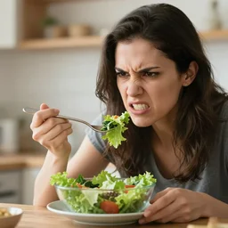 stock photo of woman angrily eating salad