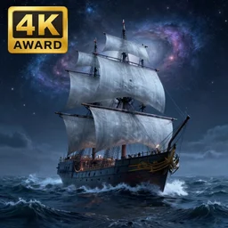 ghost ship on a stormy sea with galaxies in the sky ,highly detailed, 4k, HDR, award-winning, artstation, octane render