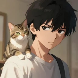 grumpy anime boy with black hair glares at tabby cat perched on his shoulder, highly detailed, high definition, anime style