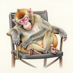Colored pencil art on paper, Pet monkey sleeping on a chair, highly detailed, artstation, MasterPiece, Award-Winning, Caran d'Ache Luminance