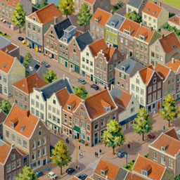 dutch townscape scene, isometric view, painting