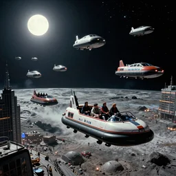 people and hovercraft are going to work in a Russian cyberpunk slum city called Neo Norilsk on the Moon, at night, lots of hovercraft above them, diverse, lively, black sky full of stars, blinding sun, sci-fi, lots of flying cars, levitation, cyberpunk outfits, photorealistic, grainy, 35mm, intricate, very very beautiful, elegant, smooth, cinematic, Unreal Engine 5, by Beeple, trending on Artstation HD