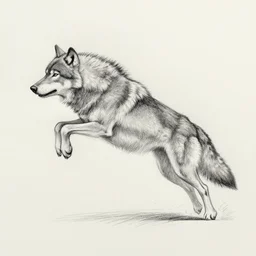 a pencil sketch of a wolf jumping, upper half is transforming in a photo, leaping from the paper