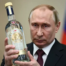 Vladimir Putin holding a giant vodka bottle, detailed face, realistic face, photorealistic, highly detailed, cinematic