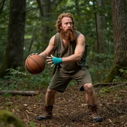 a hobbit wearing hiking boots and teal gloves playing basketball in a forest, by bonestell chesley