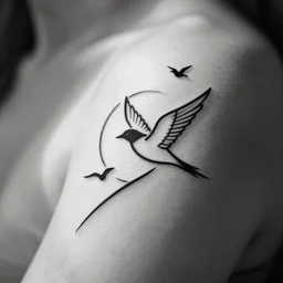 a simple tattoo design of minimalist flying birds, by bacht, black ink, abstract logo, line art