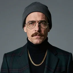 Bald Bryan Cranston with a mustache and with aviators and a grey beanie while wearing a black turtleneck and plaid green blazer with golden chains around his neck, Realistic, Hyperrealistic, HD Quality, 4k Resolution, 8k Resolution, Detailed, Very Detailed, Highly Detailed, Studio Quality Lighting, Real Life, Portrait, Photograph