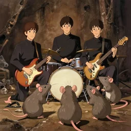rats playing in a rock band dressed as the beatles, beautiful, dreamlike, wholesome, ghibli and disney animation, sharp, intricated, art by ken anderson and mel shaw, bloom, dramatic lighting, brown palette,
