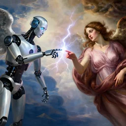a godly robot and a human woman touch by their finger tips, exchanging lightning of beautiful energy through their fingers, beautiful nails concept art, angelic clouds in the background, cinematic, inspired by the creation of adam by michelangelo