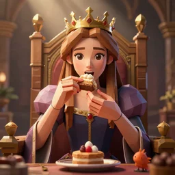 highly detailed closeup, low - poly hands, portrait of a fairytale medieval princess wearing a crown and sitting on a throne eating cakes, unreal engine, low - poly hands, nicoletta ceccoli, mark ryden, earl norem, lostfish, global illumination, god rays, detailed and intricate environment