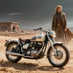 moebius and ralph mcquarrie style, vintage classic motorcycle, googie style, technical drawing, star wars dune, the incal