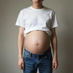 a young goth man with a heavily pregnant belly in a t shirt and jeans