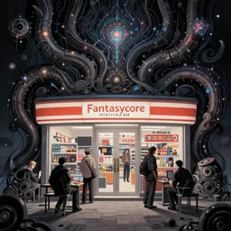 fantasycore, eldritch, psychic, masterpiece, 8k resolution, scrollwork, magic conduits, zBrush, cel-shaded, convenience store, art by greg hildebrandt, composition by 2099 neo-tokyo, drawn by Donato Giancola and Tom Bagshaw
