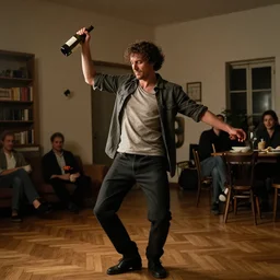 a man boisterously dancing around the room by himself holding an empty wine bottle