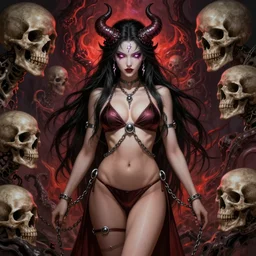gorgeous!! woman as a chained demoness sorcerer empress wearing a bikini, d & d, morrigan aensland, skulls, lightning eyes, hellish background | art by jack kirby + akira toriyama + katsuhiro otomo + hirohiko araki | intricate, highly detailed, digital painting, smooth, sharp focus, hyper - realistic, symmetrical, octane render