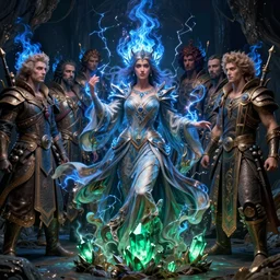 the female arcanist and the male artificer by zacharias aagaard and albert bierstadt and gerald brom and zdzisław beksinski and james gilleard and wayne barlowe and jean delville, beautiful, flowing magical robe, highly detailed, hyperrealistic, intricate, energy, electricity, blue flame, low light, green crystal, high contrast, submission