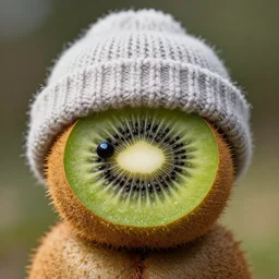 a kiwi wearing a wooly hat! Ultra realistic! 25mm f/1.7 ASPH Lens!