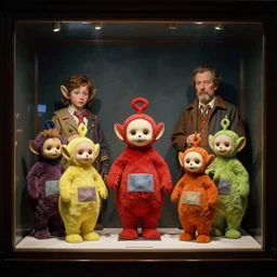 diorama windowstore vitrine at the american museum of natural history, new york, of very realistic dissected teletubbies as furry animals, photography portrait aesthetic by guy bourdin highly detailed fantasy science fiction painting by moebius, norman rockwell, frank frazetta, and syd mead. rich colors, high contrast, gloomy atmosphere, dark background. artstation, museum artifact