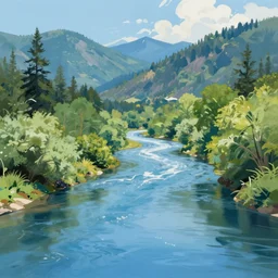 digital painting of a lush river valley by gerald brom. blue river. summer day. chiho aoshima. digital render. detailed. beautiful landscape.
